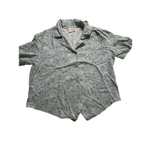 T R Bentley Floral Button Down Blouse Wms Medium Blue Vintage Short Sleeve Top